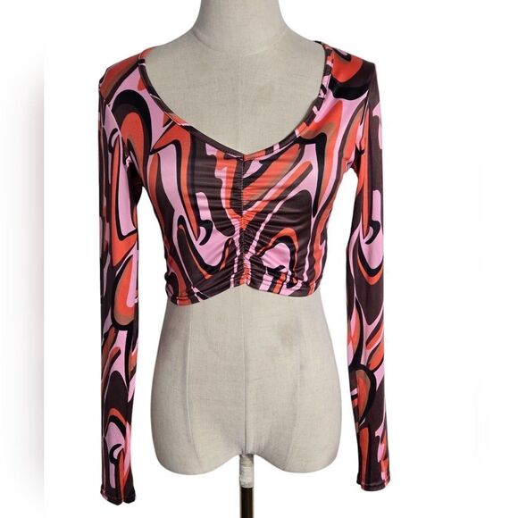 PrettyLittleThing Brown and Orange Cropped Ruched Disco Crop Top - Picture 1 of 6